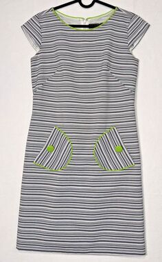Jessica Howard Dress Gray Chartreuse Green Trim Pockets 4P Cap sleeve Retro 60s